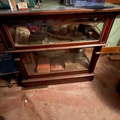 Antique floor model display cabinet / glass top