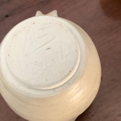 349 Pottery Cream and Sugar with Teacups and Tray Signed ALJ