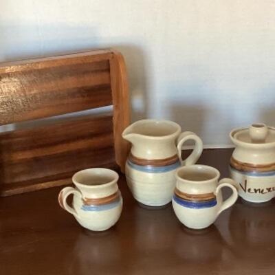 349 Pottery Cream and Sugar with Teacups and Tray Signed ALJ