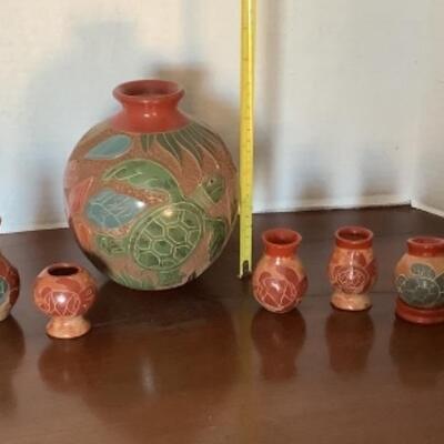 360 Six South American Etched Pottery Vases