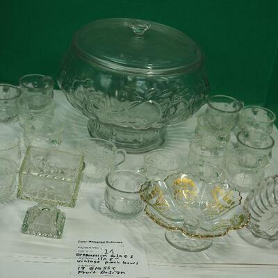 Lot 14 Large Punch Bowl, Matching punch cups, depression glass