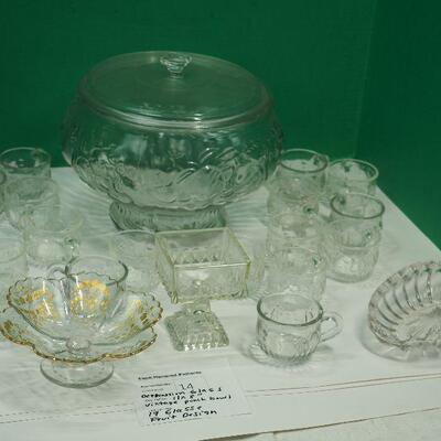 Lot 14 Large Punch Bowl, Matching punch cups, depression glass