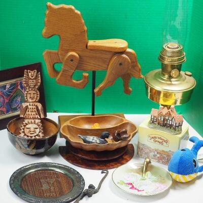 Lot 17 Wooden Horse, Aladdin brass lamp 