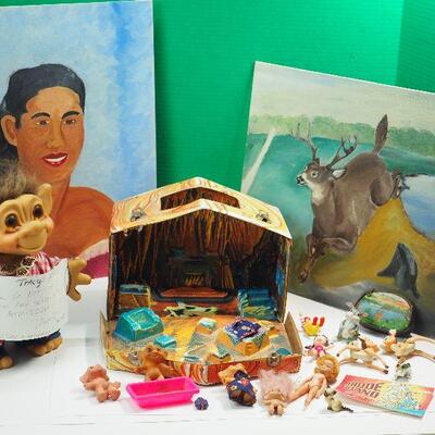 Lot 16 Troll House and Kitsch paintings, Disney animal figurines