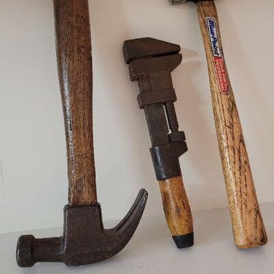 Lot 368: (3) Vintage Wood Handle Repair Tools - Hammers and Wrench