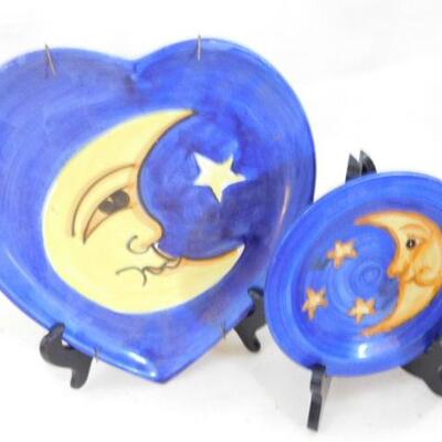 Italian Ceramic Celestial Blue Collector Plates Moon, Stars, and Sun
