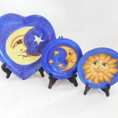 Italian Ceramic Celestial Blue Collector Plates Moon, Stars, and Sun