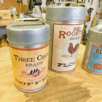 Set of Three Galvanized Canisters with Label Advertising 