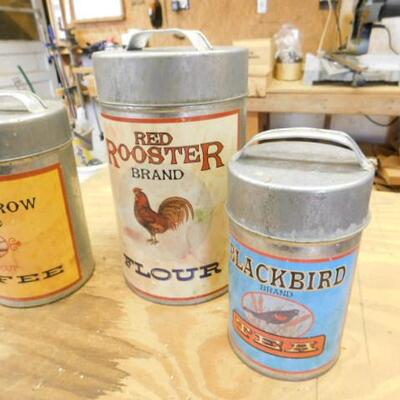 Set of Three Galvanized Canisters with Label Advertising 