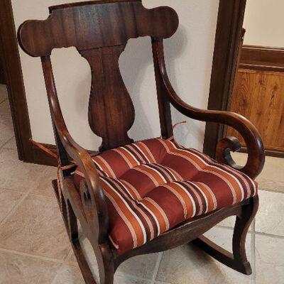 Lot 437: Vintage Wood Rocking Chair w/ Padded Cushion 