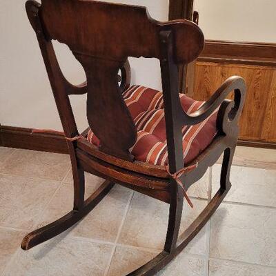 Lot 437: Vintage Wood Rocking Chair w/ Padded Cushion 