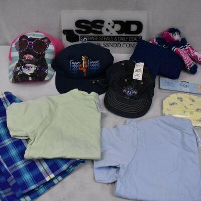 8 pc Various Children's Clothing: 5 Hats, 2 Shirts (4T) 1 Shorts (3T) - New