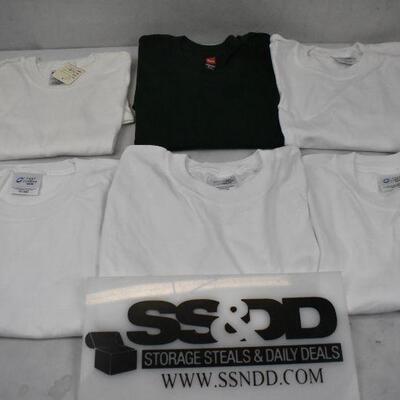 6 pc Adult's T-Shirts: White Small, Green Small, 4 White Mediums. No tags - New