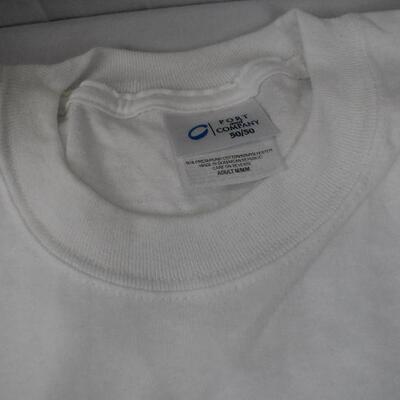 6 pc Adult's T-Shirts: White Small, Green Small, 4 White Mediums. No tags - New