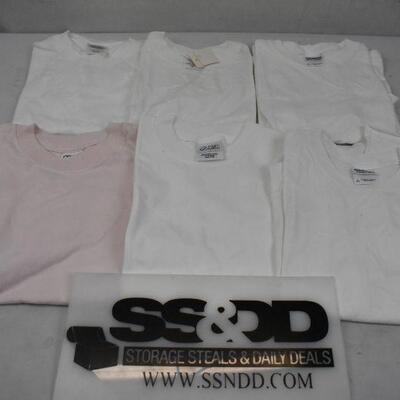 6 Kids T-Shirts: 2 Small White, 2 Med White, 1 Med Pink, 1 Large White - New