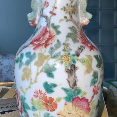 Antique Chinese Famille Rose Handled Vase 