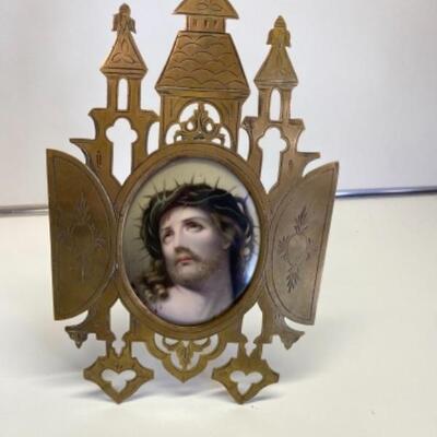 Vintage Icon Porcelain Plaque Jesus w Crown of Thorns in Brass Easel Frame