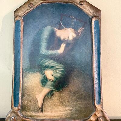 Lot 41  FIGURE IN BLUE PLAYING HAND HARP PRINT LAID DOWN ON WOOD & GESSO PLAQUE