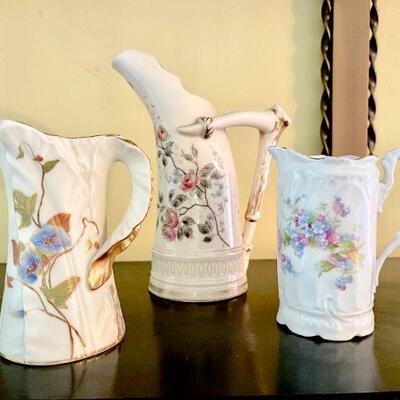 LOT 43  GROUP OF 3 ANTIQUE PAINTED PORCELAIN PITCHERS CREAMERS 