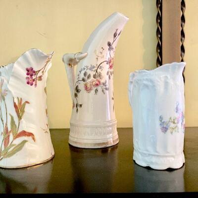 LOT 43  GROUP OF 3 ANTIQUE PAINTED PORCELAIN PITCHERS CREAMERS 