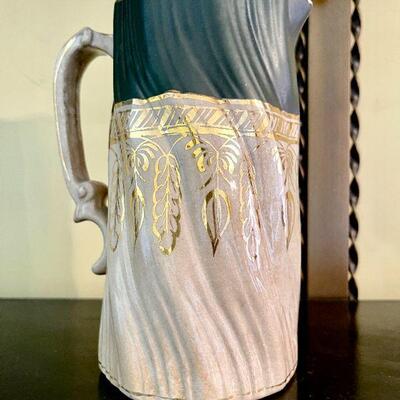 Lot 45  ANTIQUE SWIRL STONEWARE 2 TONE GOLD TRIM COUNTRY FARM HOUSE 