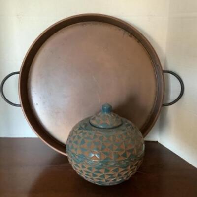 364 South American Etched Pottery and Copper Colored Tray