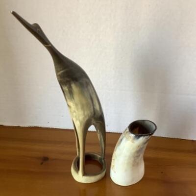 380 Bone Crane Sculpture and Etched Bone Vase Argentina