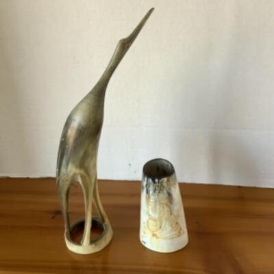 380 Bone Crane Sculpture and Etched Bone Vase Argentina