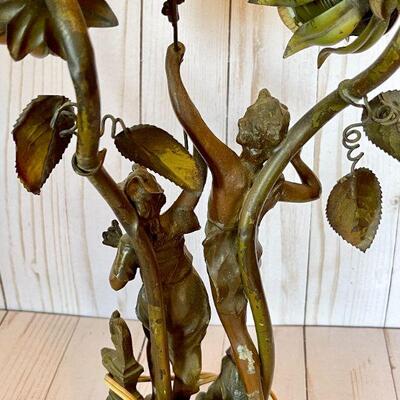 LOT 61  ANTIQUE ART NOUVEAU METAL FIGURAL TABLE LAMP BOY & GIRL 