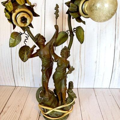 LOT 61  ANTIQUE ART NOUVEAU METAL FIGURAL TABLE LAMP BOY & GIRL 