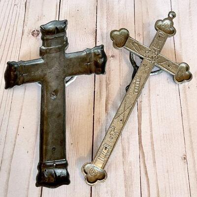 LOT 65  PAIR ANTIQUE METAL CRUCIFIX