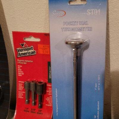 Lot 546: Assorted NEW Tools - (Wire Cutter, Magnetic Nutsetters, Door Lock Saw Kit, Themometer)