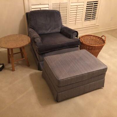 Gray Chair with Ottoman, Large Basket and Wood Table