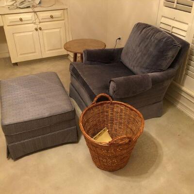 Gray Chair with Ottoman, Large Basket and Wood Table
