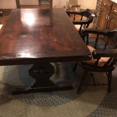 Brown Wood Dinning Table with 4 Chairs and Large Blue Rug