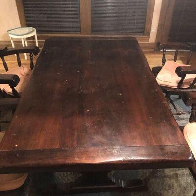 Brown Wood Dinning Table with 4 Chairs and Large Blue Rug
