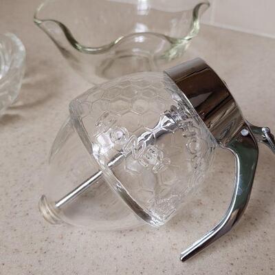 Lot 571:  Glass Honey Container and (2) Small Glass Bowls