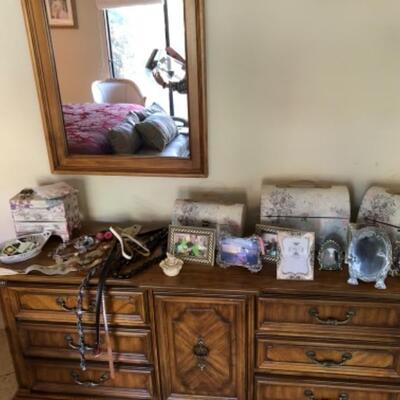 Lot 26. Jewelry box, matches, costume jewelry, belts, fancy frames, 3 trinket boxes, porcelain butterfly, etc.--WAS $95–NOW $71.25