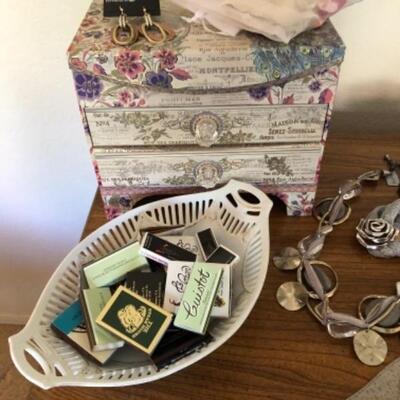 Lot 26. Jewelry box, matches, costume jewelry, belts, fancy frames, 3 trinket boxes, porcelain butterfly, etc.--WAS $95â€“NOW $71.25