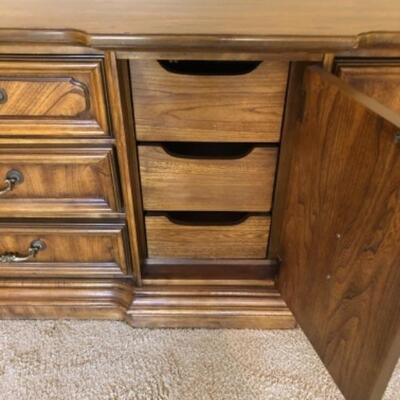 Lot 28. Eight-piece king bedroom suiteâ€”dresser, two nightstands, two lamps , mirror, highboy, Lady Americana Platinum mattress, alarm...
