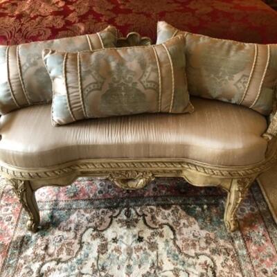 Lot 33. Ornate French provincial bedside bench with 3 pillows (58â€L x 23D x 31â€H)--WAS $195â€“NOW $146.25