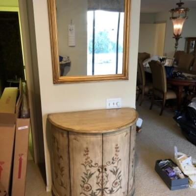 Lot 46. Hand painted half-round wall cabinet and 29â€ x 35â€ gold framed mirror--WAS $145â€“NOW $108.75