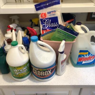 Lot 57. Large assortment of cleaning products, sponges, cloths, glasses, brushes, etc.--WAS $30â€“NOW $22.50