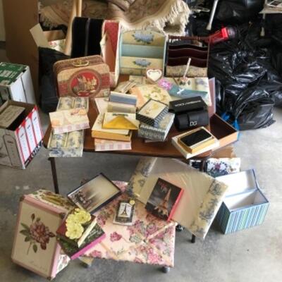 Lot 80. Lot of stationery, letter holders, blotters, magazine holders shelf paper, file boxes, decorative boxes and pens--WAS $65â€“NOW...