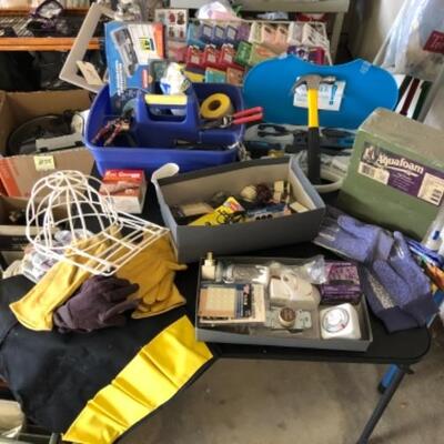 Lot 81. Tool kits, gloves, gardening tools, foam blocks, screw driver set, tool bucket and pouch hardware, two folding chairs and two...