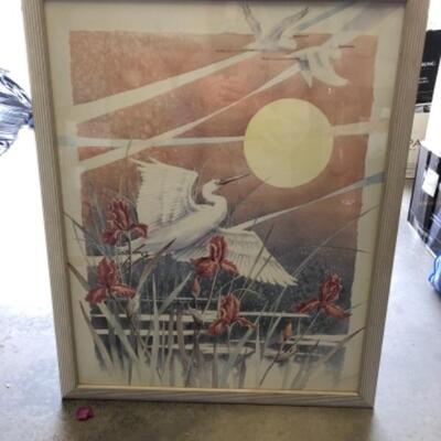 Lot 85. Large abstract print (33.5â€ x 53â€); frame:  65.5â€ x 45â€; pastels and print of birds (frame 24â€ x 31â€)--WAS $35â€“NOW...