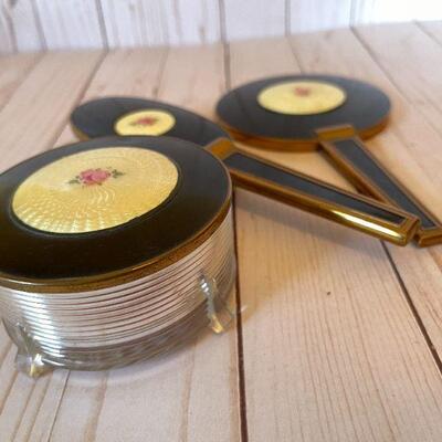 LOT 73  VINTAGE ART DECO GUILLOCHE ENAMEL VANITY SET.  