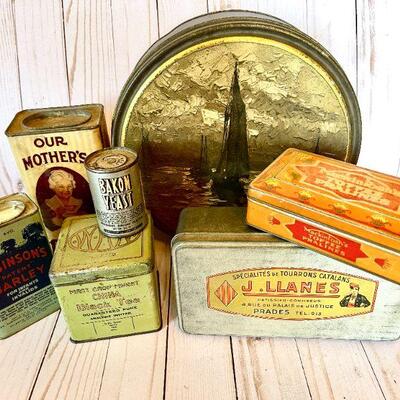 LOT 74  ANTIQUE GROUP OF FOOD TINS CANDY TEA COCO ETC. COUNTRY FARM HOUSE