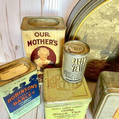 LOT 74  ANTIQUE GROUP OF FOOD TINS CANDY TEA COCO ETC. COUNTRY FARM HOUSE