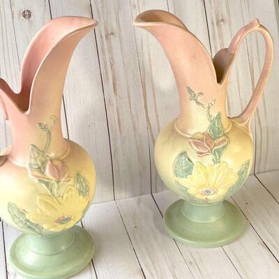 LOT 77  VINTAGE HULL POTTERY MATCHING PAIR EWERS PASTELS 